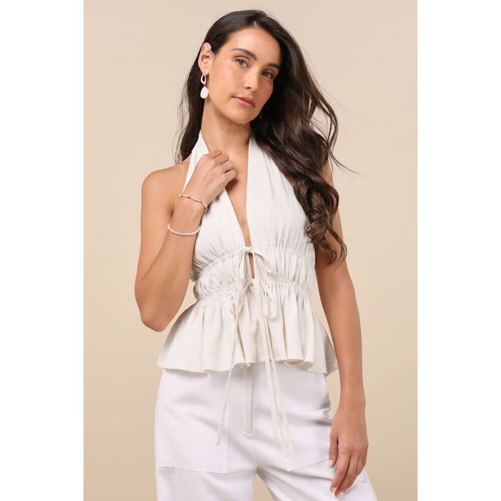 Lulus Adelita Cream Tie-front Halter Peplum Top White - Size L